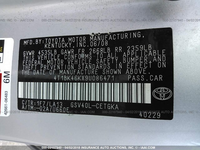 4T1BK46KX9U086471 - 2009 TOYOTA CAMRY SE/LE/XLE SILVER photo 9