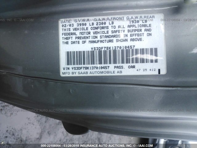 YS3DF78K137010457 - 2003 SAAB 9-3 SE GRAY photo 9