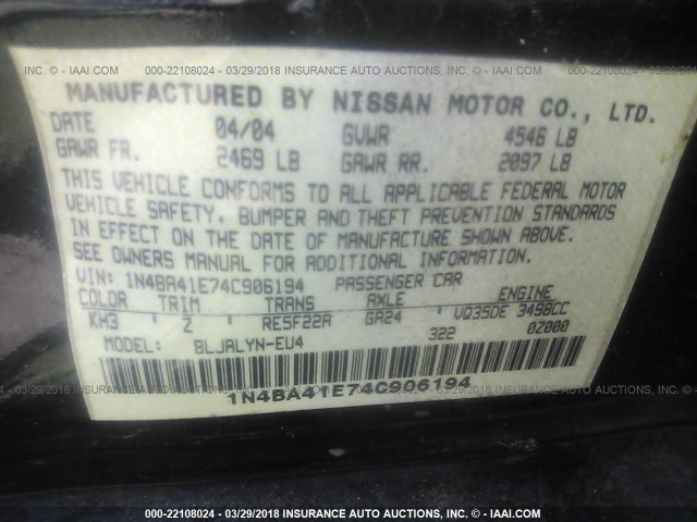 1N4BA41E74C906194 - 2004 NISSAN MAXIMA SE/SL BLACK photo 9