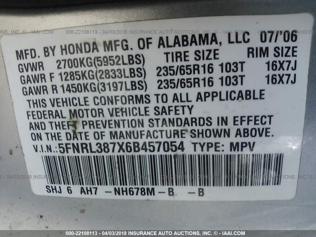 5FNRL387X6B457054 - 2006 HONDA ODYSSEY EXL GRAY photo 9