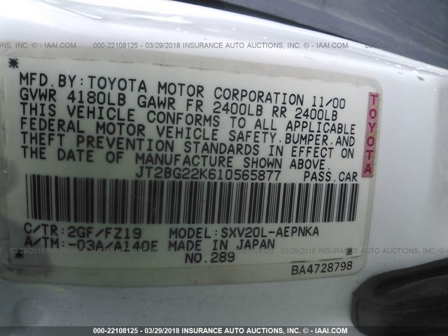 JT2BG22K610565877 - 2001 TOYOTA CAMRY CE/LE/XLE თეთრი ფოტო 9