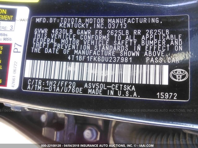 4T1BF1FK6DU237981 - 2013 TOYOTA CAMRY L/SE/LE/XLE BLACK photo 9