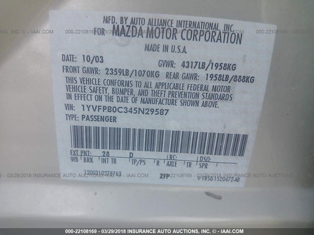 1YVFP80C345N29587 - 2004 MAZDA 6 I კრემისფერი ფოტო 9