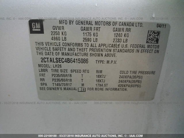 2CTALSEC4B6415086 - 2011 GMC TERRAIN SLE SILVER photo 9