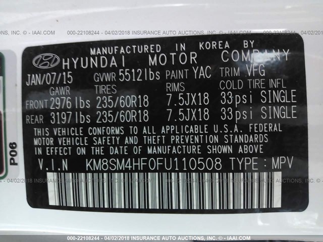 KM8SM4HF0FU110508 - 2015 HYUNDAI SANTA FE GLS WHITE photo 9