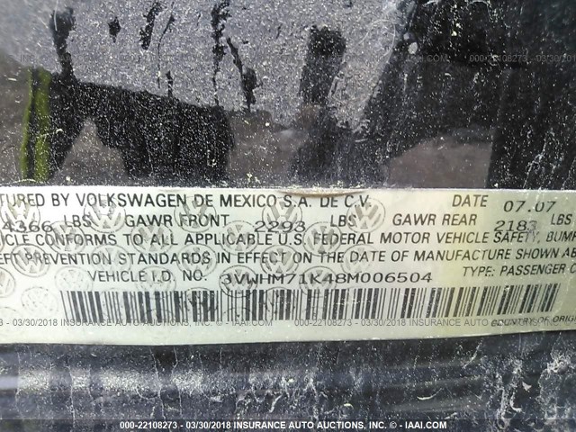 3VWHM71K48M006504 - 2008 VOLKSWAGEN JETTA S 黑色 照片 9