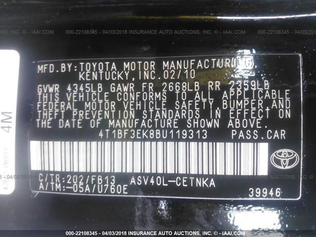 4T1BF3EK8BU119313 - 2011 TOYOTA CAMRY SE/LE/XLE 黑色 照片 9