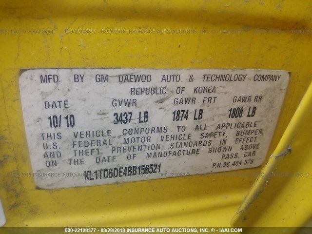 KL1TD6DE4BB156521 - 2011 CHEVROLET AVEO LS/LT 黄色 照片 9