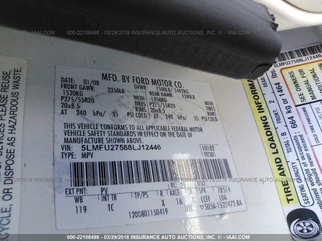 5LMFU27588LJ12446 - 2008 LINCOLN NAVIGATOR 白色 照片 9