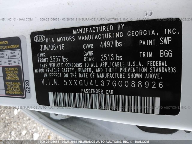 5XXGU4L37GG088926 - 2016 KIA OPTIMA EX WHITE photo 9