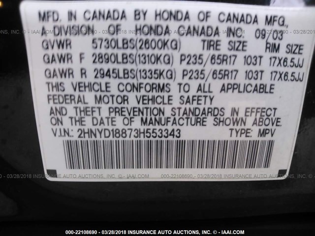 2HNYD18873H553343 - 2003 ACURA MDX TOURING BLACK photo 9