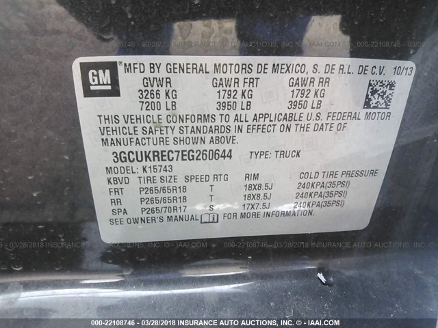 3GCUKREC7EG260644 - 2014 CHEVROLET SILVERADO K1500 LT GRAY photo 9