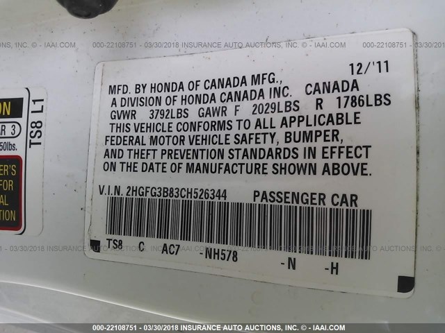 2HGFG3B83CH526344 - 2012 HONDA CIVIC EX WHITE photo 9