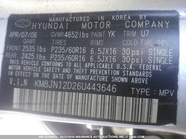 KM8JN12D26U443646 - 2006 HYUNDAI TUCSON GLS/LIMITED SILVER photo 9