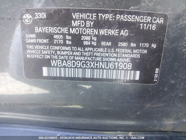 WBA8D9G3XHNU61908 - 2017 BMW 330 XI GRAY photo 9