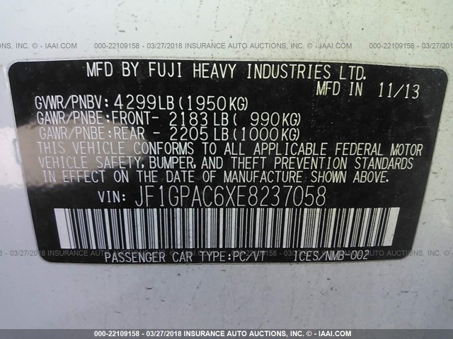 JF1GPAC6XE8237058 - 2014 SUBARU IMPREZA PREMIUM 白色 照片 9