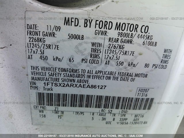 1FTSX2ARXAEA86127 - 2010 FORD F250 SUPER DUTY WHITE photo 9