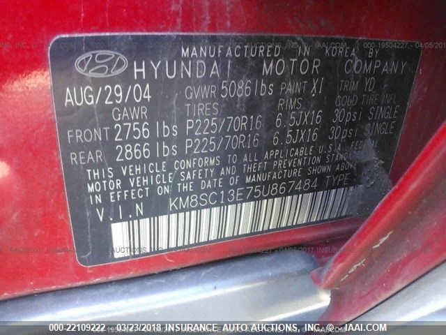 KM8SC13E75U867484 - 2005 HYUNDAI SANTA FE GLS/LX RED photo 9