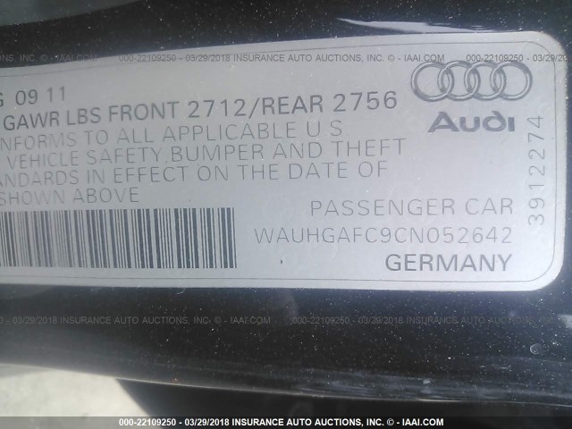 WAUHGAFC9CN052642 - 2012 AUDI A6 PRESTIGE შავი ფოტო 9