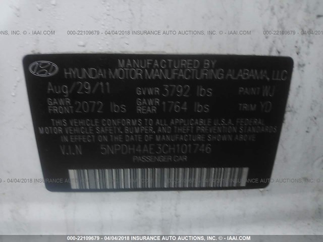 5NPDH4AE3CH101746 - 2012 HYUNDAI ELANTRA GLS/LIMITED WHITE photo 9