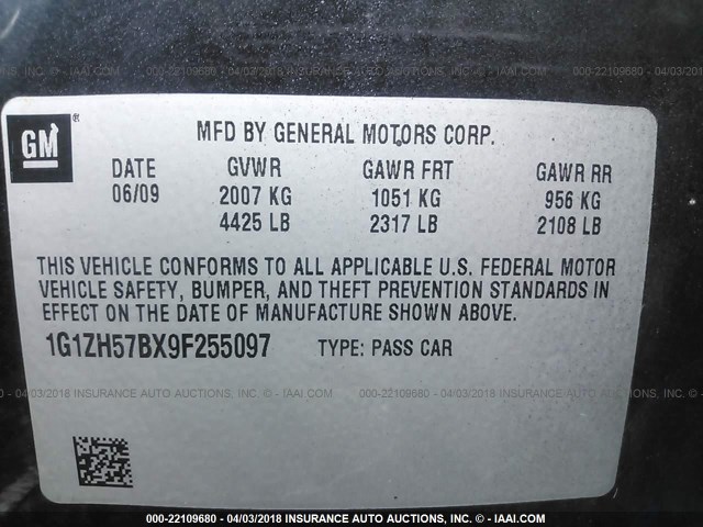 1G1ZH57BX9F255097 - 2009 CHEVROLET MALIBU 1LT 黑色 照片 9