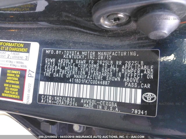 4T1BD1FK7CU044887 - 2012 TOYOTA CAMRY HYBRID/LE/XLE 黑色 照片 9