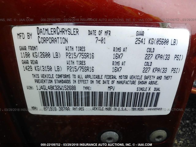 1J4GL48K32W152688 - 2002 JEEP LIBERTY SPORT 橙色 照片 9