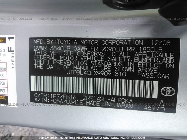 JTDBL40EX99091810 - 2009 TOYOTA COROLLA LE/XLE SILVER photo 9