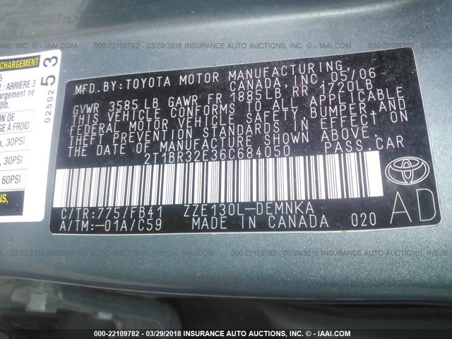 2T1BR32E36C684050 - 2006 TOYOTA COROLLA CE/LE/S TEAL photo 9