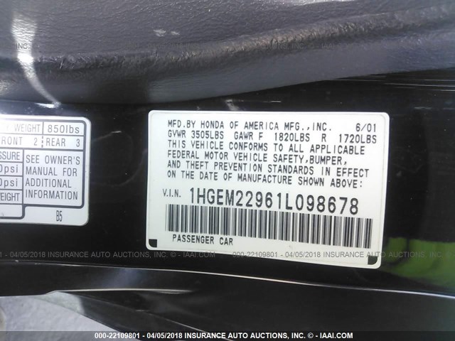 1HGEM22961L098678 - 2001 HONDA CIVIC SI/EX BLACK photo 9