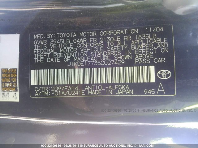 JTKDE177350027429 - 2005 TOYOTA SCION TC შავი ფოტო 9