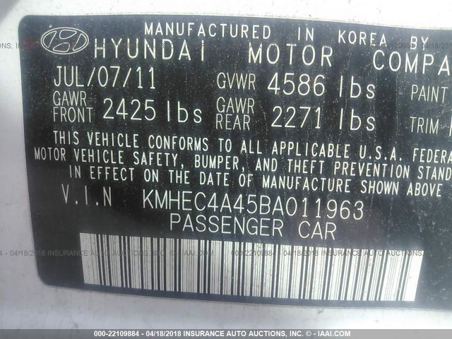 KMHEC4A45BA011963 - 2011 HYUNDAI SONATA HYBRID WHITE photo 9