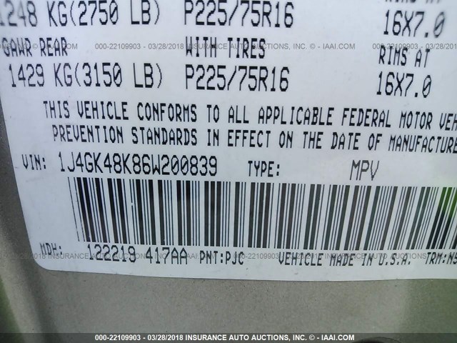 1J4GK48K86W200839 - 2006 JEEP LIBERTY SPORT Qızıl foto 9