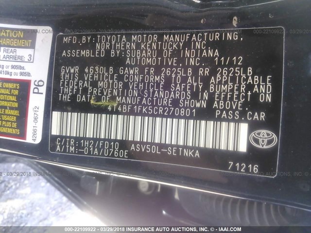 4T4BF1FK5CR270801 - 2012 TOYOTA CAMRY SE/LE/XLE BLACK photo 9