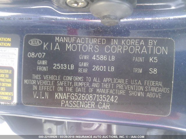 KNAFG526087135242 - 2008 KIA RONDO LX/EX Dark Blue photo 9