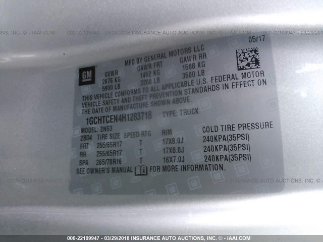 1GCHTCEN4H1283718 - 2017 CHEVROLET COLORADO LT SILVER photo 9