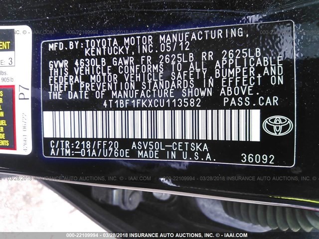 4T1BF1FKXCU113582 - 2012 TOYOTA CAMRY SE/LE/XLE BLACK photo 9