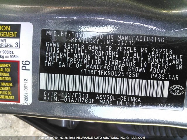 4T1BF1FK9DU251258 - 2013 TOYOTA CAMRY L/SE/LE/XLE GRAY photo 9