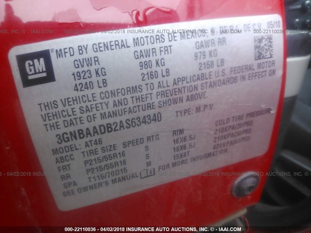 3GNBAADB2AS634340 - 2010 CHEVROLET HHR LS RED photo 9