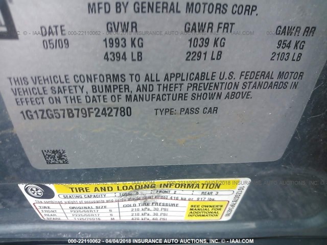 1G1ZG57B79F242780 - 2009 CHEVROLET MALIBU LS GREEN photo 9