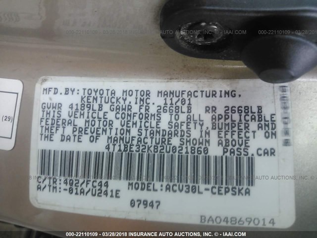 4T1BE32K82U021860 - 2002 TOYOTA CAMRY LE/XLE/SE თაფლისფერი ფოტო 9