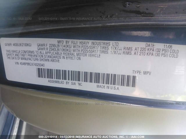 4S4BP86CX74325340 - 2007 SUBARU LEGACY OUTBACK 3.0R LL BEAN BLUE photo 9