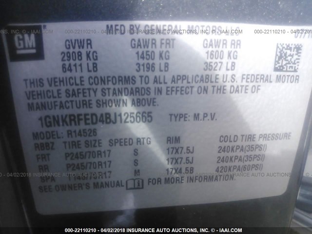 1GNKRFED4BJ125665 - 2011 CHEVROLET TRAVERSE LS GRAY photo 9