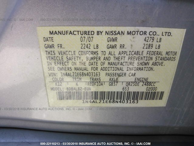 1N4AL21E68N403163 - 2008 NISSAN ALTIMA 2.5/2.5S SILVER photo 9