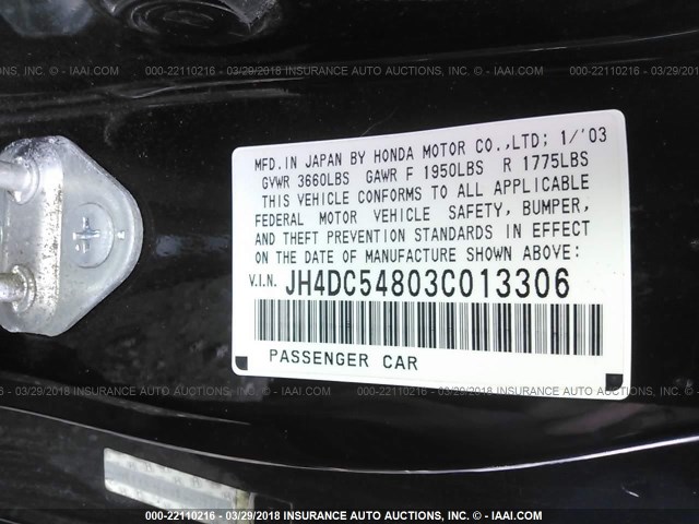 JH4DC54803C013306 - 2003 ACURA RSX BLACK photo 9