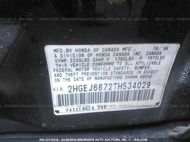 2HGEJ6672TH534029 - 1996 HONDA CIVIC LX BLACK photo 9