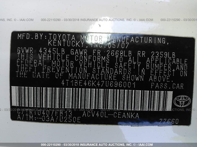 4T1BE46K47U696001 - 2007 TOYOTA CAMRY NEW GENERAT CE/LE/XLE/SE WHITE photo 9