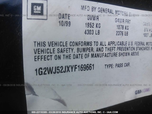 1G2WJ52JXYF169661 - 2000 PONTIAC GRAND PRIX SE BLUE photo 9