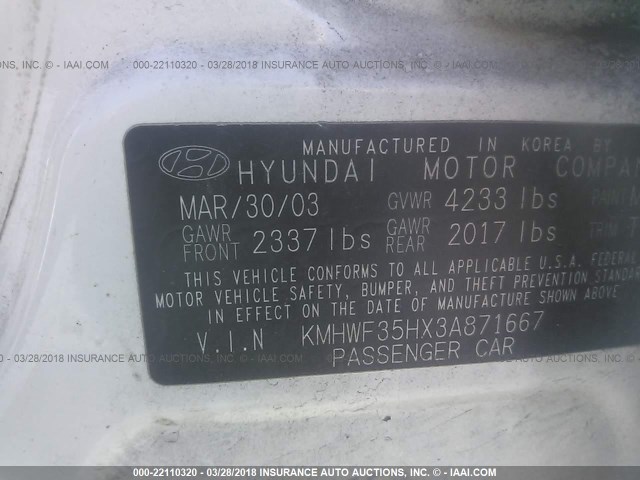 KMHWF35HX3A871667 - 2003 HYUNDAI SONATA GLS/LX WHITE photo 9