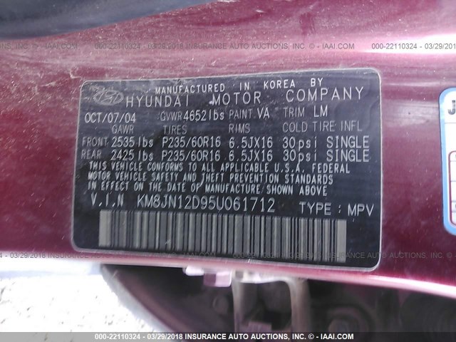 KM8JN12D95U061712 - 2005 HYUNDAI TUCSON GLS/LX MAROON photo 9